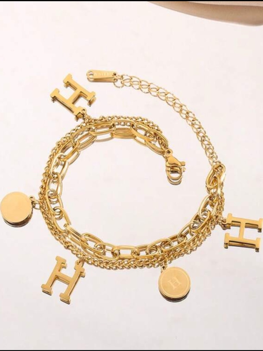 Gold Tone Charm H Initial Chain Bracelet - Designer Look Style